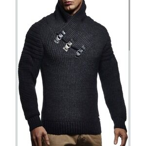 NWT Leif Nelson Black Shawl Collar Knit Sweater Mens Size M‎ Buckle Detail